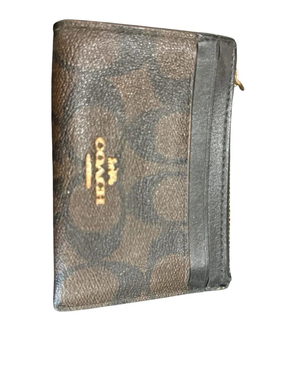 Coach Brown and Black Signature Zip Card Case